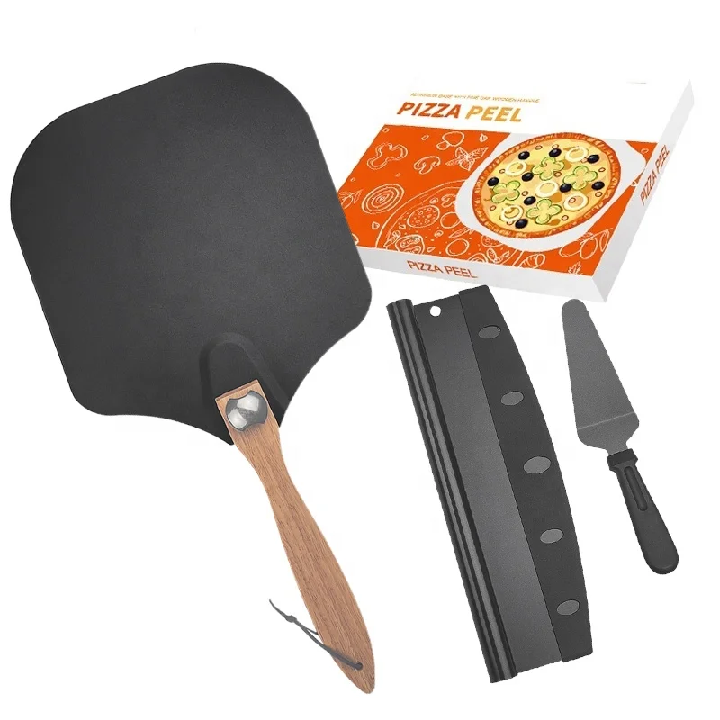 Square Non-stick Coating Black Turning Pizza Cutter&Server&Peel Set