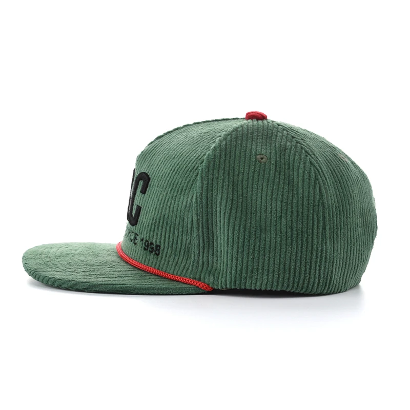 BSCI OEM Custom Logo 5 Panel Rope Snapback Cap Flat Bill Unstructured Gorras Fitted Men Blank Plain Corduroy Hats with Rope