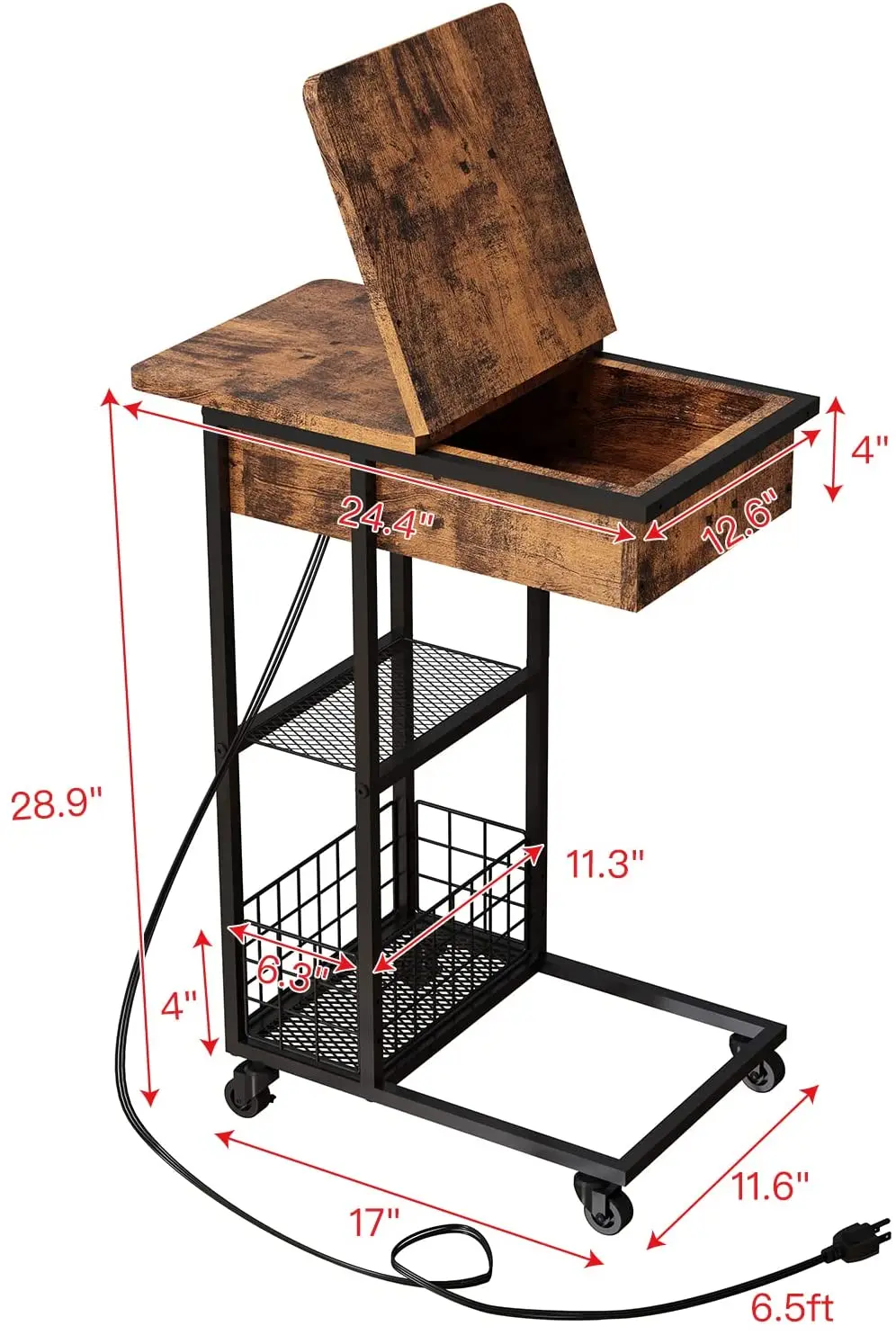 End Table with Charging Station C Shaped Snack Table for Small Spaces Flip Top Side Table with USB Ports Power Outlets