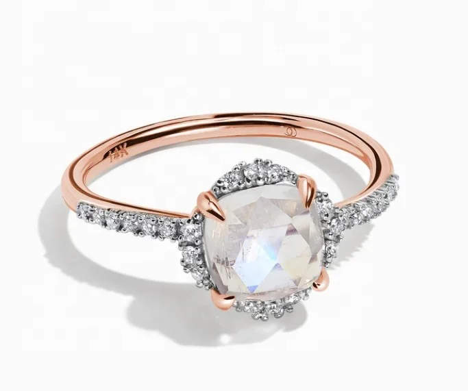 High Quality Natural Moonstone 925 Sterling Silver Square Cut Natural Moonstone With White Zircon Rose Gold Plated Ring
