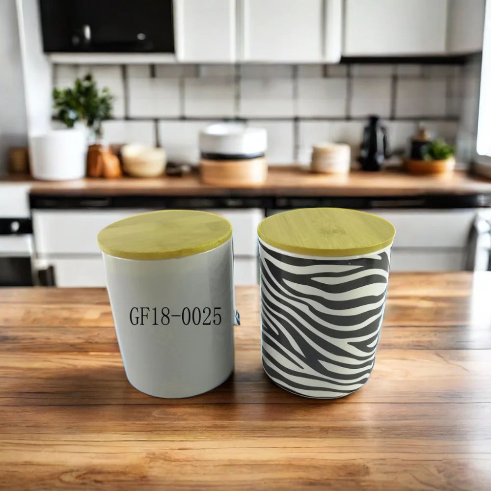 Hot Sale 2L Ceramic Cookie Jar Porcelain Storage Jar with Lid Wood Kitchen Canister Set Food Container Wholesale