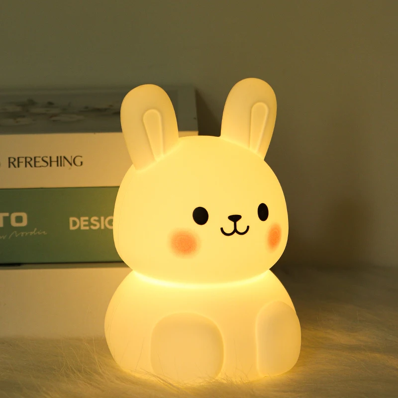 Biumart Hot Selling Products 2024 Baby Bedside Night Light USB Rechargeable Pat Dimmable RGB Cute Bunny Silicone Night Lamp