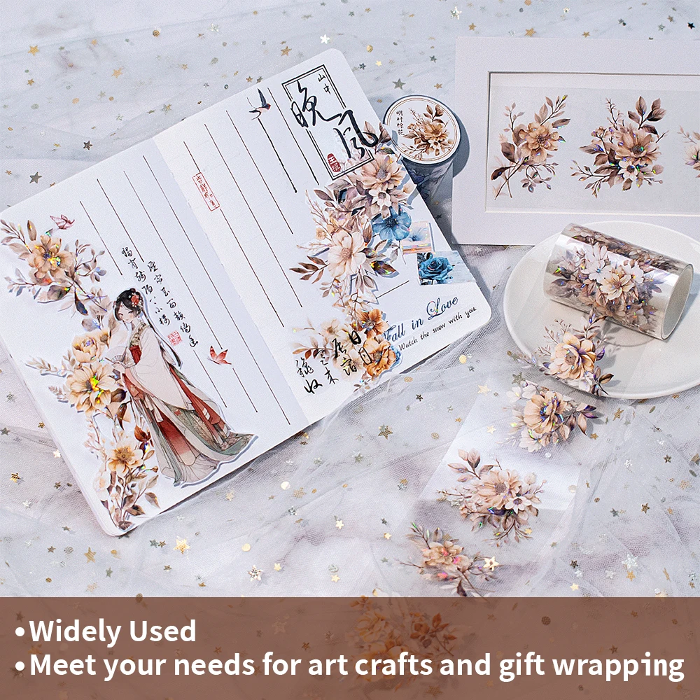 Decorative scrapbook matte PET tape customized journaling roll PET die cut washi tapes flowers journal stickers