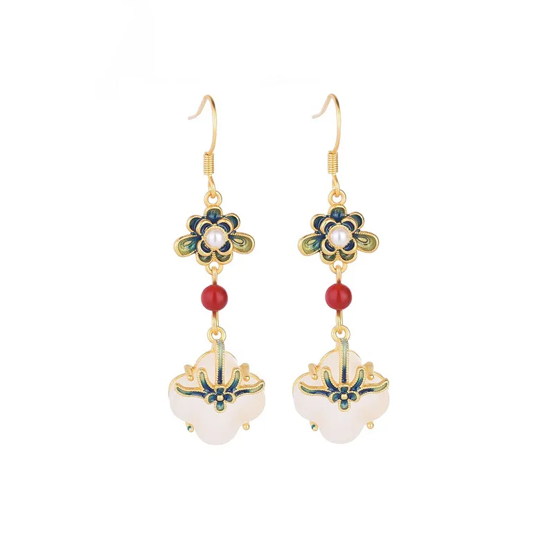 Chinese style 24K Gold Plated Four-Leaf Clover Tassel Earrings Classical Artificial Jade Vintage  for Engagement gifts