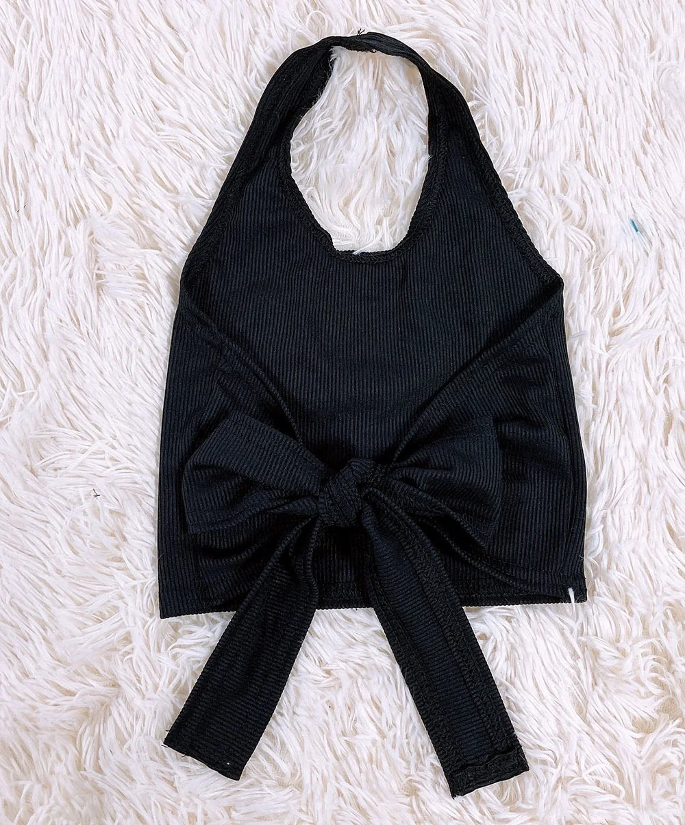 Wholesale factory custom  halter crop top Strap Shirts Tie Bow baby girl ribbed Backless Halter Tops