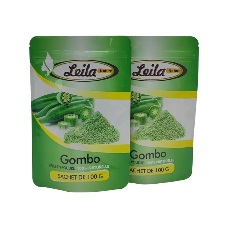 Custom Gombo Powder Zipper Bag Aluminum Foil Packaging Bag For Food Gloss Stand Up Pouch With Tear Notch