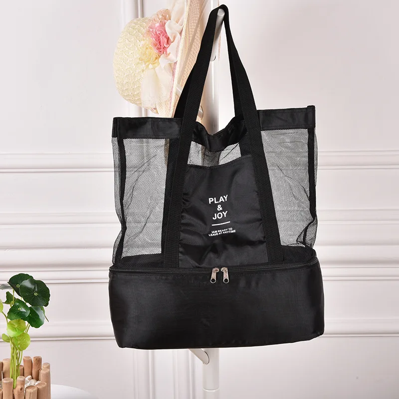 Fashion mesh shoulder bag Multi-functional hand bag mesh beach bag with cooler
