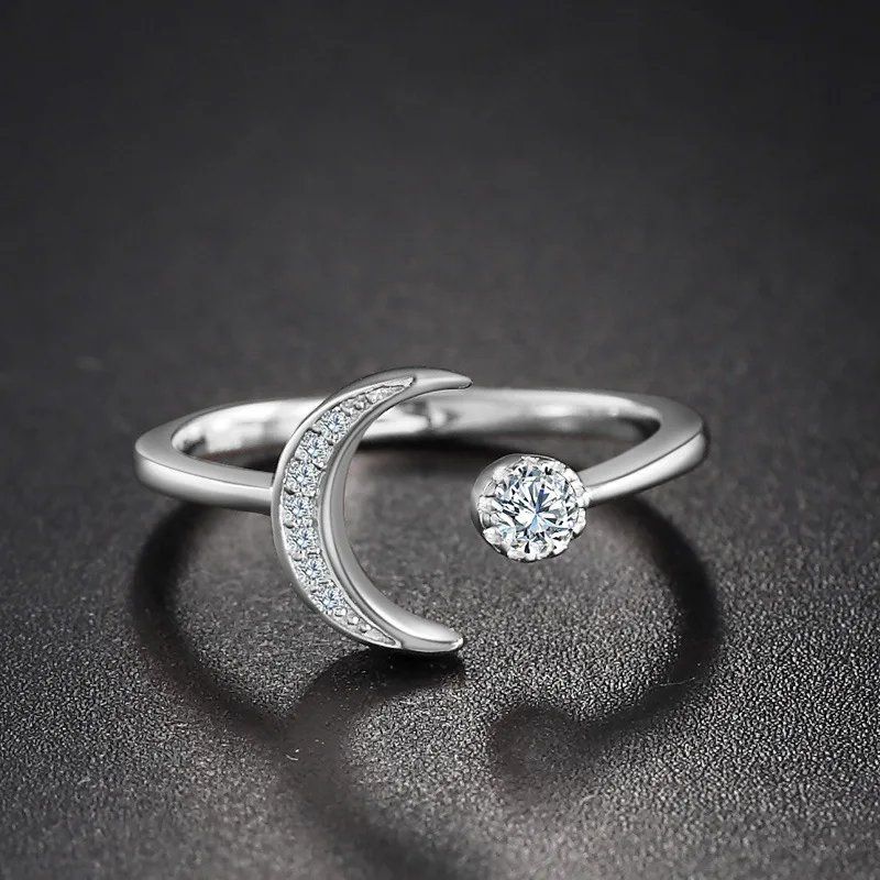 Wholesale Sterling Silver 925 Simple temperament Finger Ring  shiny crystal ring Moon and Sun  Adjustable for woman jewelry