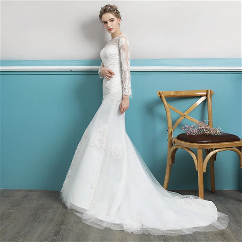 2020 vestidos de novia illusion long sleeves elegant princess mermaid long train bridal gown wedding dress