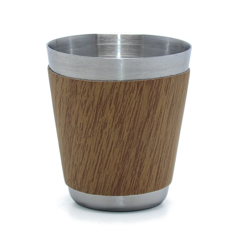 30ml Mini Wood Leather Wrap Pattern Outdoor Metal Shot Glass Beer Coffee Water Drinking Home Kitchen Bar Stainless Steel Cup