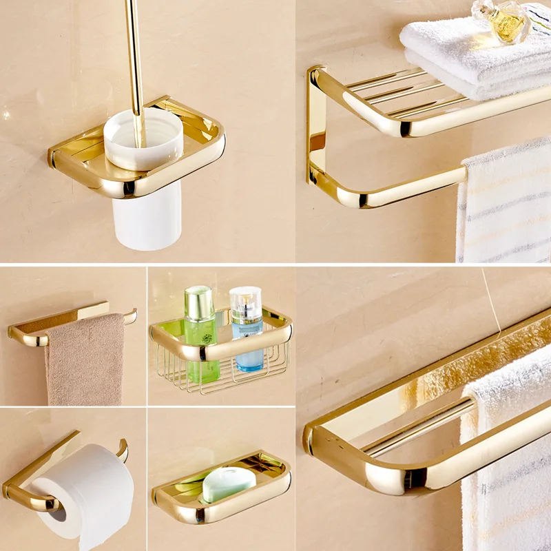 Durable Brass Bath Towel Bar Polished Gold Bathroom Towel Rack Set