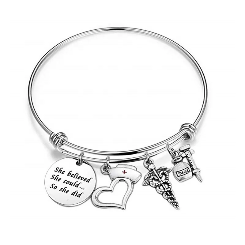 Medical Series Bracelet Stethoscope Nurse Hat Medical RN LPN Charm Bracelet Nurse Graduation Gift Key Holder