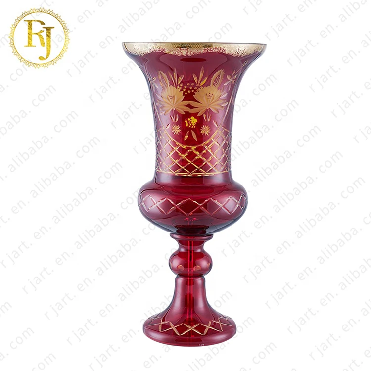 Wholesale High End Dubai Turkey Complete Gift Muslim Glass Gold Pattern Crystal Vase Glass Posuda Luxury Vase Decor Home