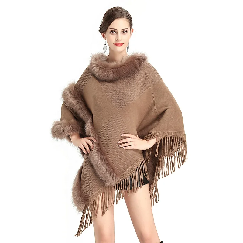 
 Новый изготовленный на заказ вязаный меховой отделкой шаль женский свободный пуловер зимний свитер пончо для женщин  