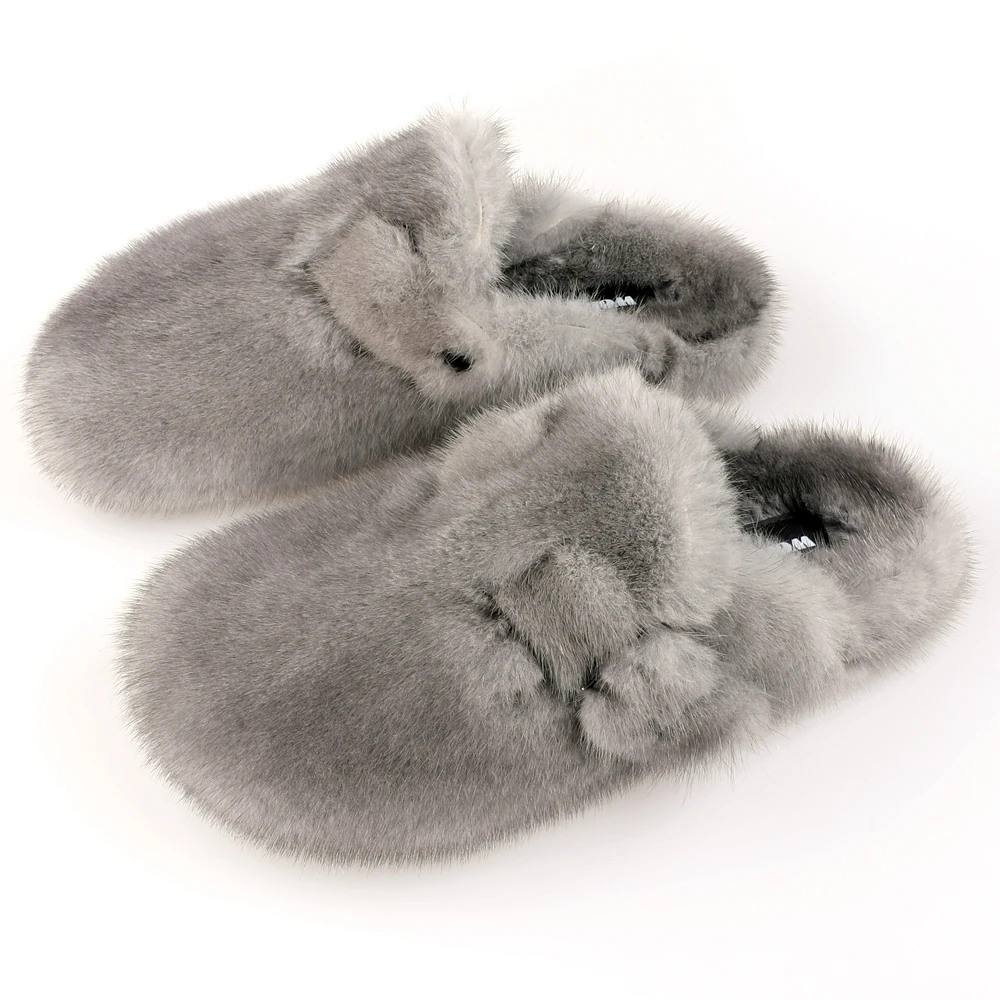 2021 New Arrival New York Dubai Trendy 100% Real Mink fur Closed slippers for Women Big Luxury Fur Slides Outdoor Sandals Shoes