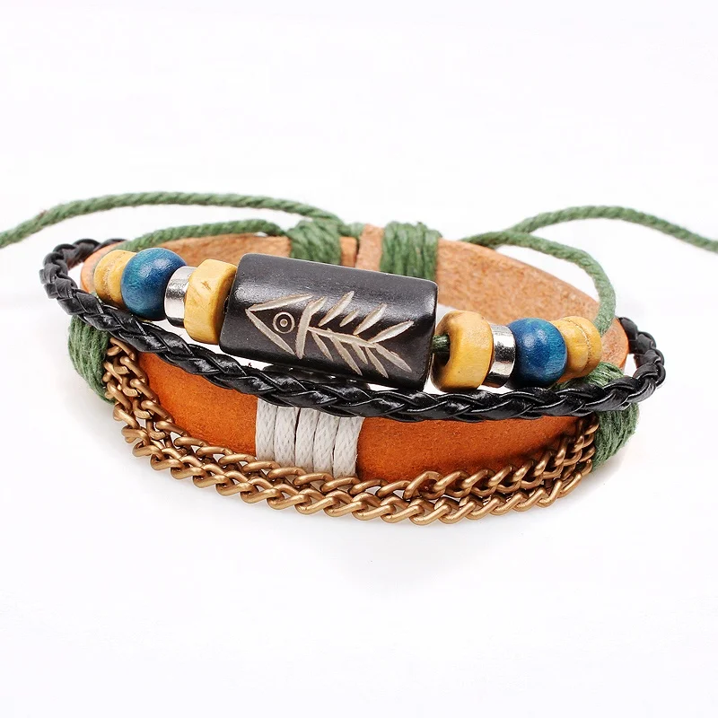 Vintageo women men  wood beads fish engraved multilayer leather stretched bracelet for promotional gift