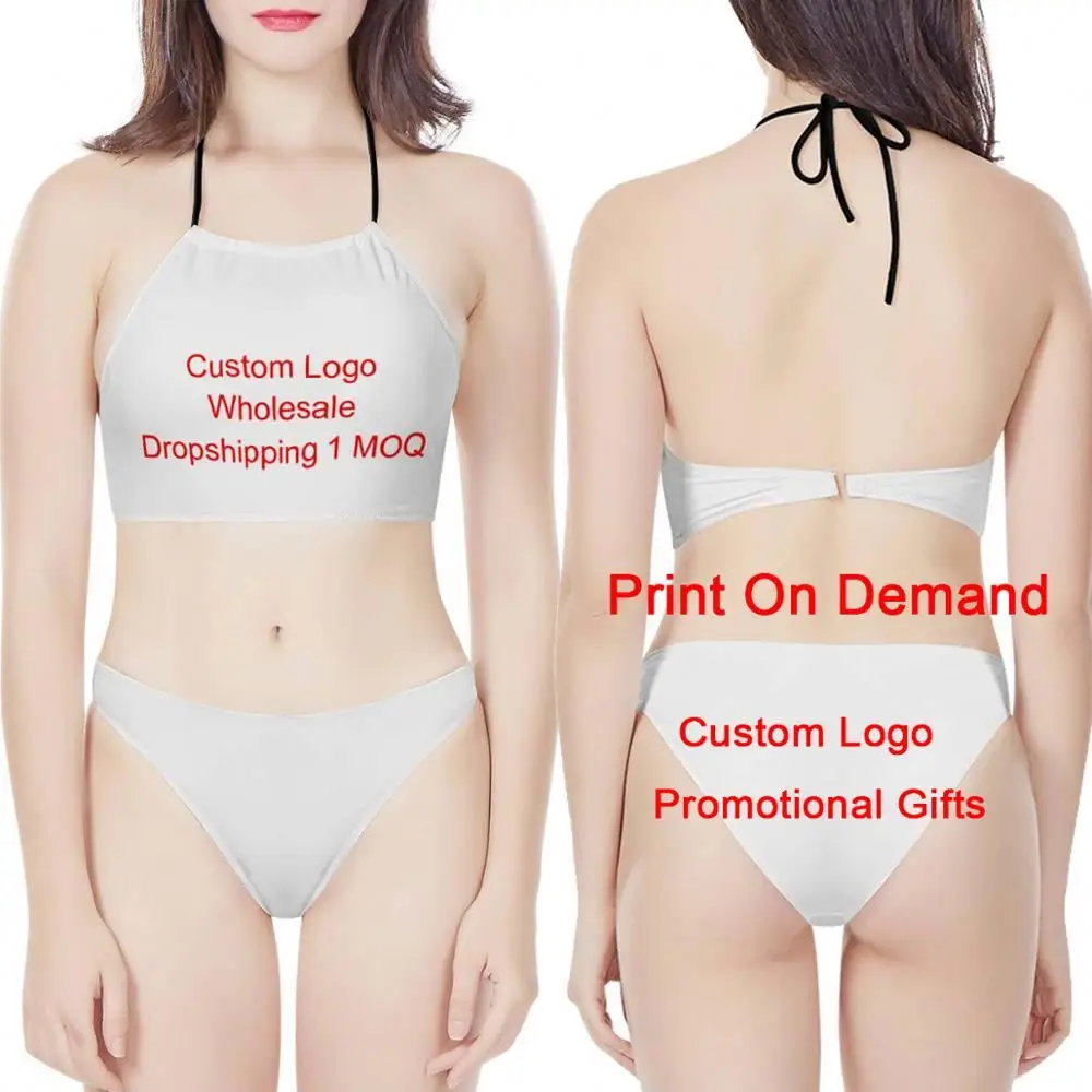 High Neck Halter Bikini Set Custom Your Own Logo/Image/Photo Print Swimwear Woman Two-piece Swimsuits Bathing Beach Swimwear