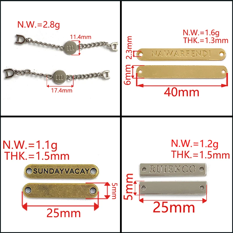 Custom logo swimwear metal accessory gold sewing tags zinc alloy engraved letter brand logos metal label for clothing bikini