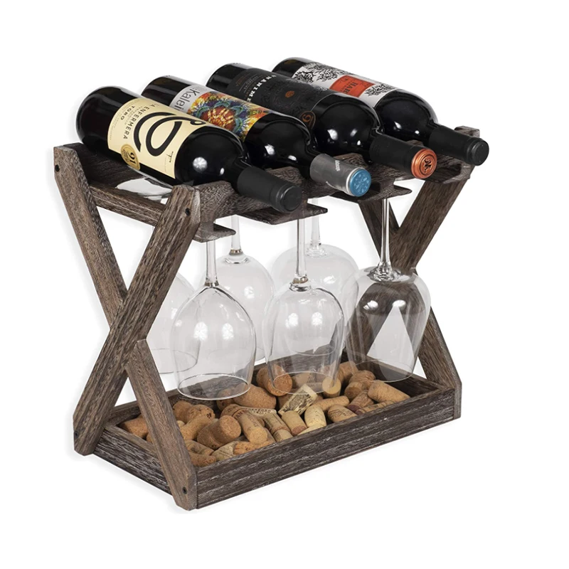 Rustic 6 Glass Display Rack Bottled Wooden Wine Racks With Storage Tray Table Top 4 Bottle Holder Free Standing Floor
