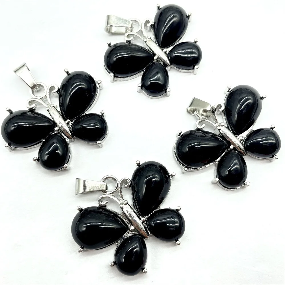 Natural Healing Stone Agate Rose Quartz Clear Crystal Amethyst Jade Butterfly Shaped Necklace Natural Stone Pendant Jewelry