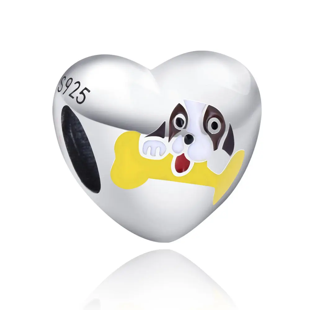 Customized Your Logo 925 Sterling Silver dog and its bone Heart Bead Charm For Bracelet Fashion DIY Women Jewelry making amulet