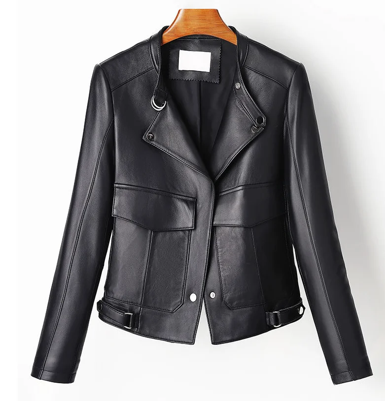 
New sheep skin leather coat coat women slim waist fashion show thin short style motorcycle jacket 
