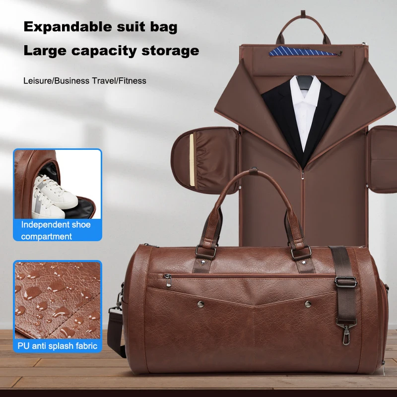 M2389 Wholesale Pu Leather Waterproof Business Travel Duffel Bags With Zipper Carry On Suitcase Folding Garment Suit Bag For Men