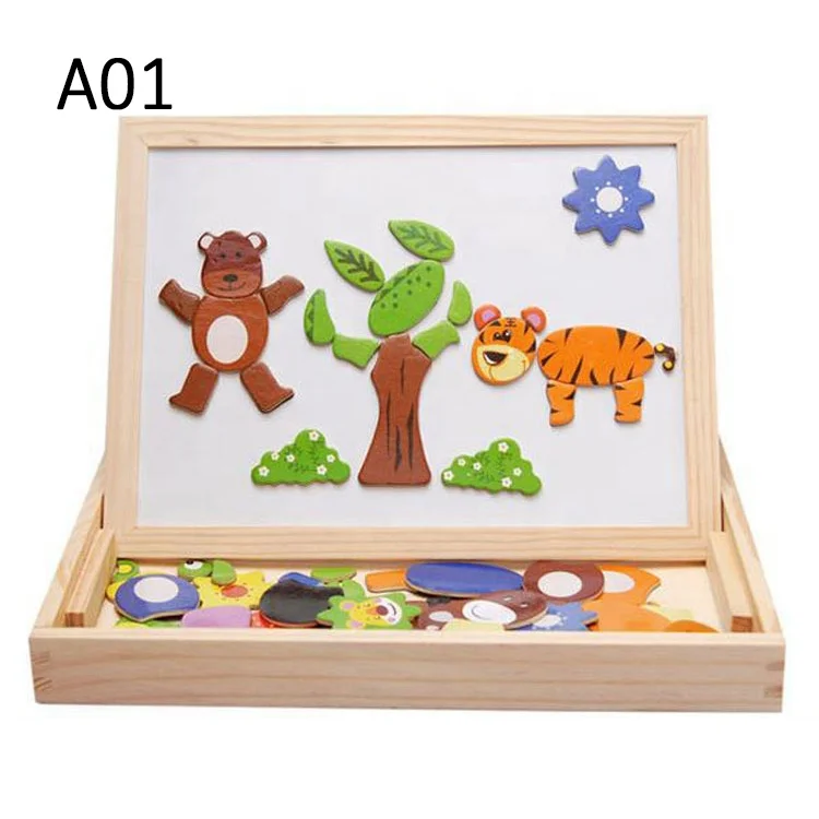 Kids Double Sided Toddler Easel Educational Toys Wooden Double Side Magnetic Drawing Board Jigsaw Puzzles Black&Whiteboard