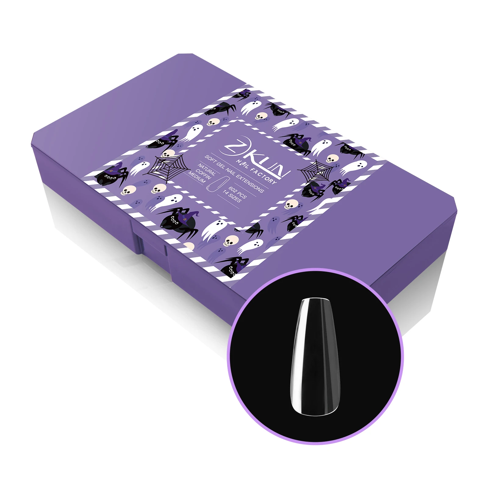 Personalized Halloween Label Sticker Coffin Full Cover Nail Tips Clear Soft Gel Nail Tip Custom Purple Box 602 Pieces Tips Nail