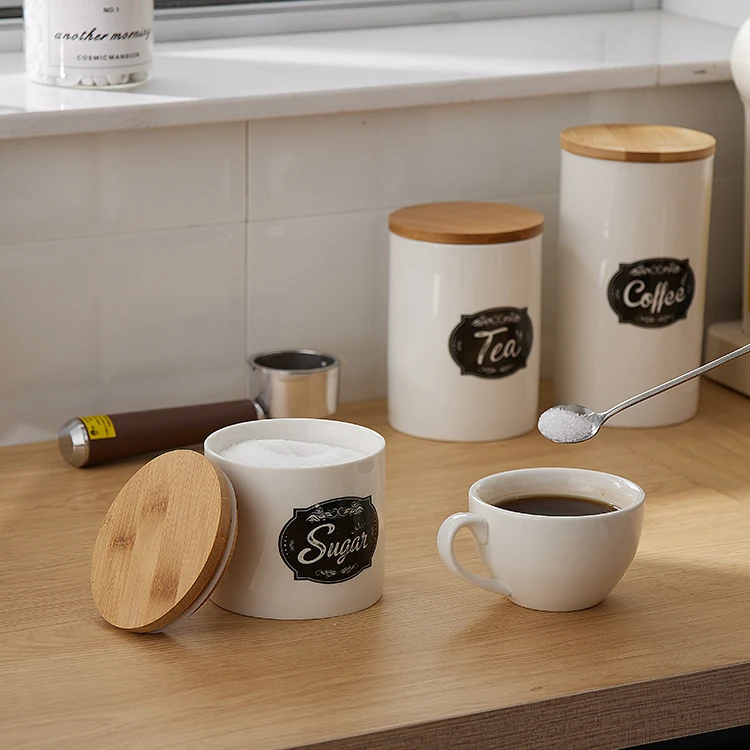 Custom Logo Kitchen Ceramic Canisters Food Storage Jar for Tea Coffee Sugar with Bamboo Lid