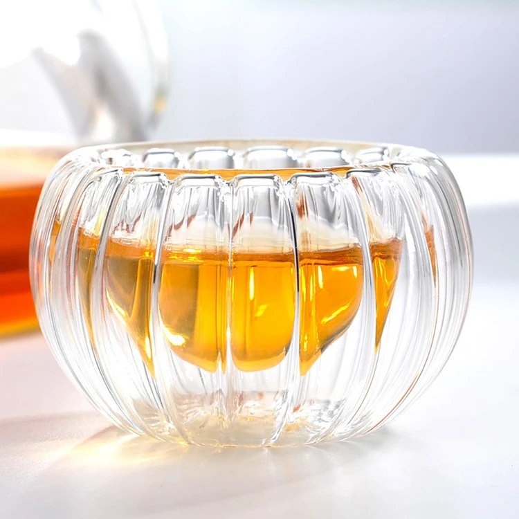 50ml High Borosilicate Hand Made Pumpkin Striped Curve Double Wall Glass Cup For Wine Tea