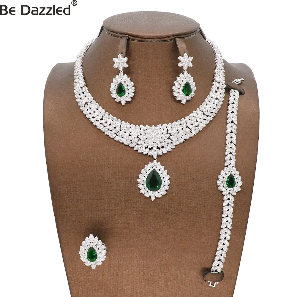 High Quality Nigerian Luxury Green Stone Diamond Jewelry Set Dubai Cubic Zircon Necklace Earrings Bridal Jewelry Accessories