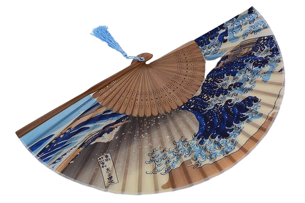 Handmade Landscape Dancing Cosplay Wedding Party Sea Waves Bamboo Silk Folding Fan For Women Ladys Girls