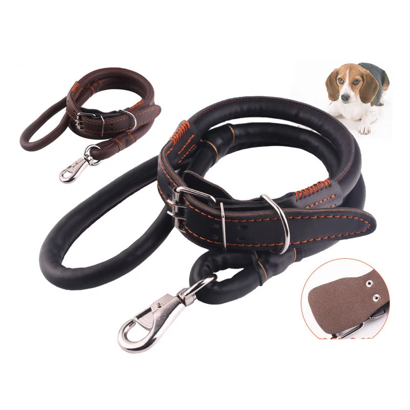 High-end leather pet dog leash rope collar large dog pet round collar leash suit pet collars leashes