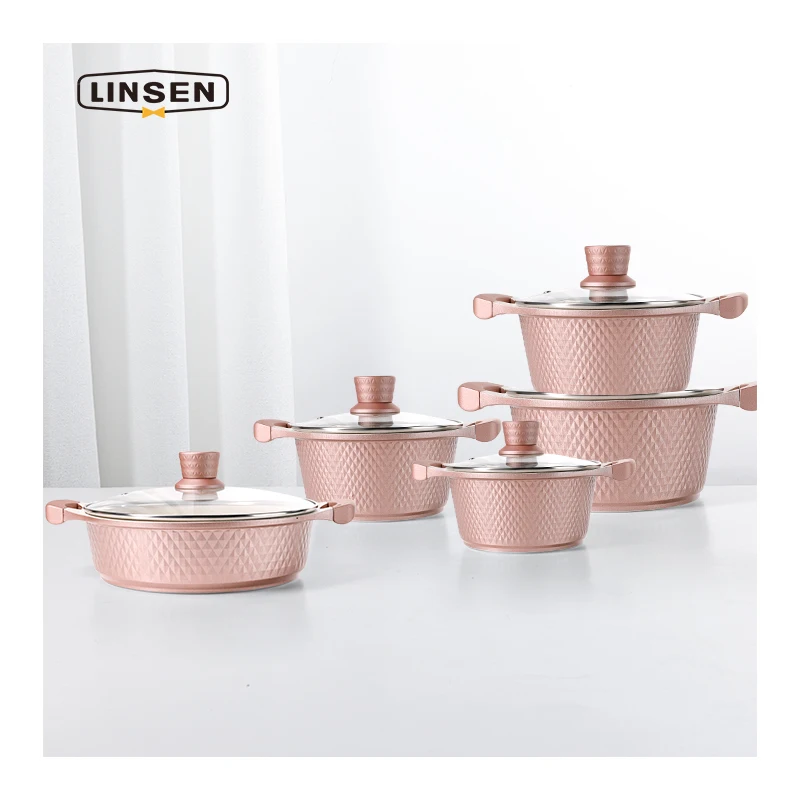 Pink Aluminum 304 Stainless Steel Kitchen Not Sticky Granite Cookware Set Marble Soup Pot With Lid Serving
