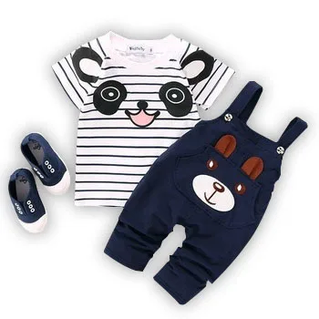Baby Clothes Summer Toddler Kids Boys Striped Short Sleeved T-shirt Panda Straps Pants Overall 2 Pcs Boys Clothing Set