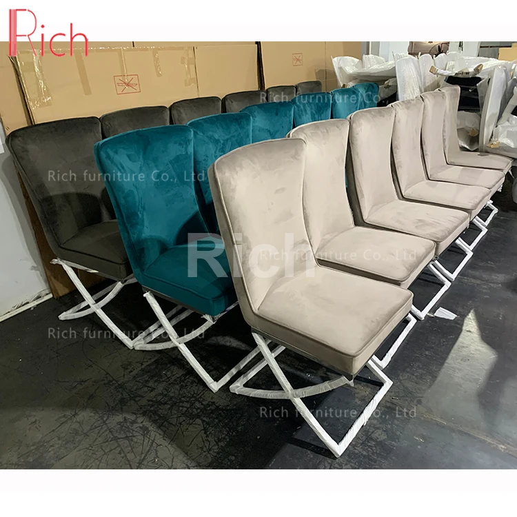 wholesale modern sliver stainless steel cross leg wedding chairs tufted back velvet fabric high back chrome dining chairs