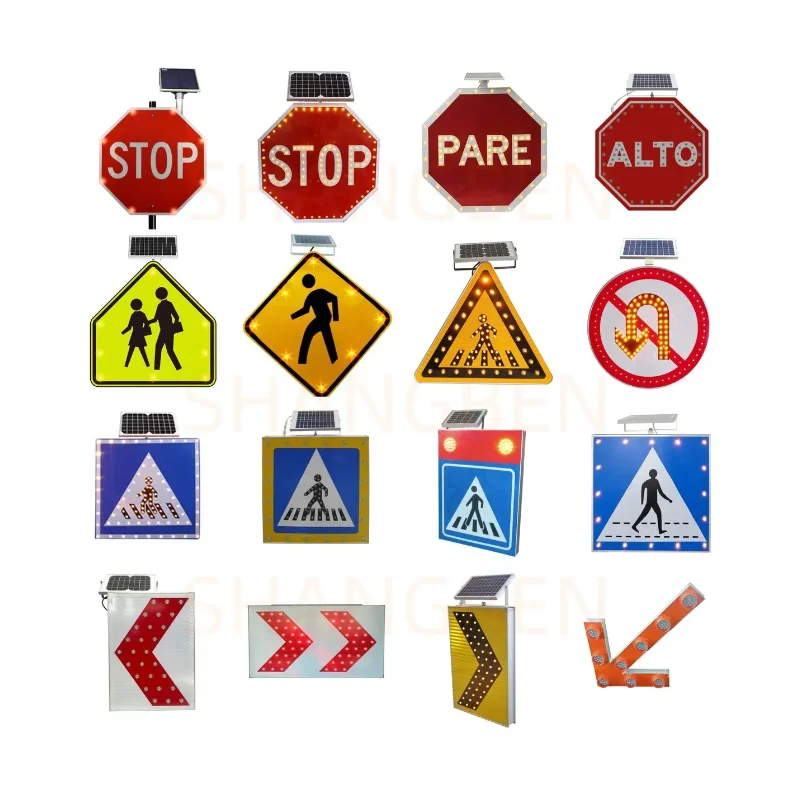 Triangle shape led flashing traffic warning solar panel powered road signs