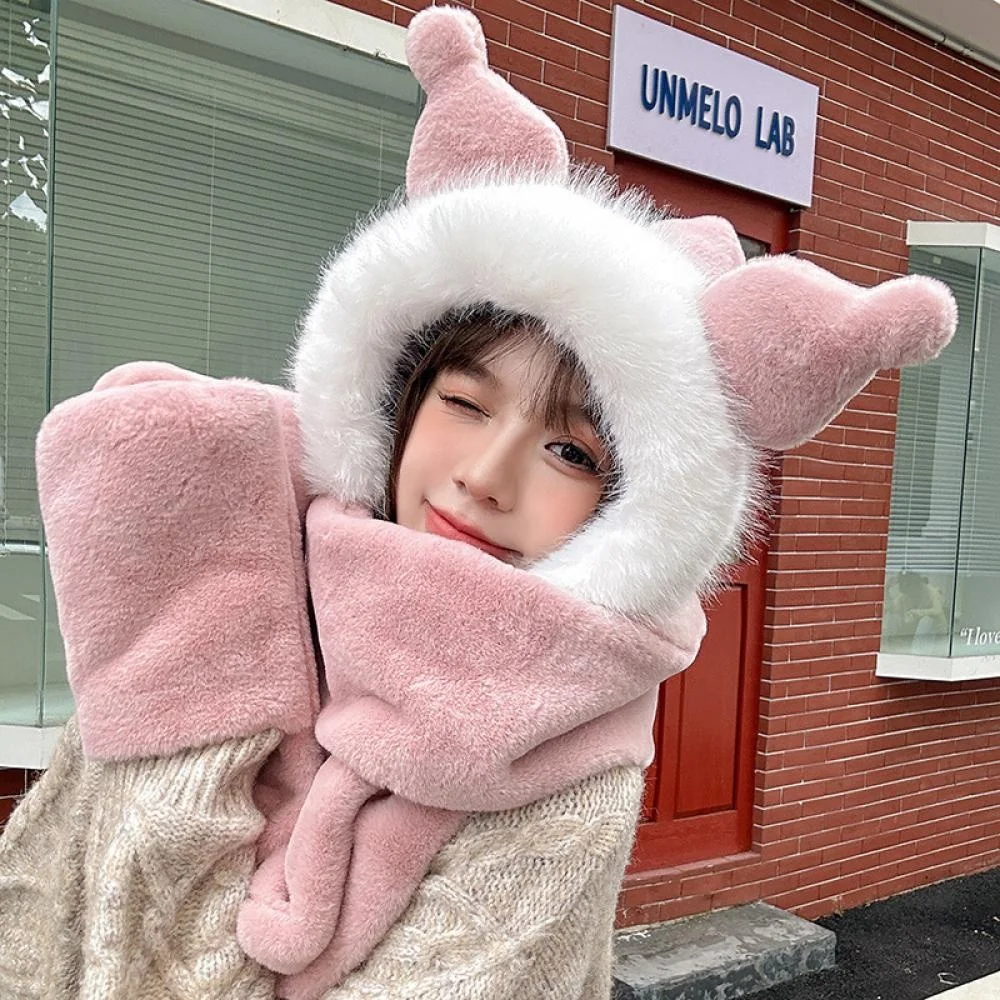 Kawaii Sanrio Kuromi Plush Hat Scarf & Glove Set Thicken Winter Cartoon Anime Set Soft Cute Sweet Girl Student Christmas Gift