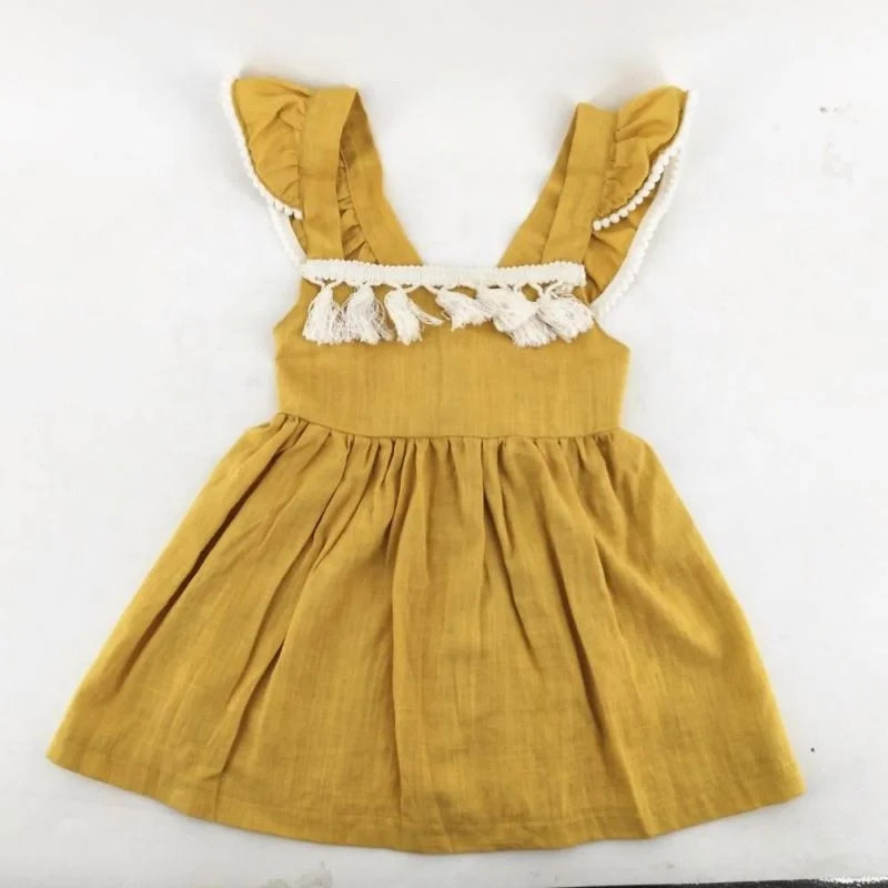 
Hot sale girl bf photo high quality baby boutique tassel vintage girl linen dress 
