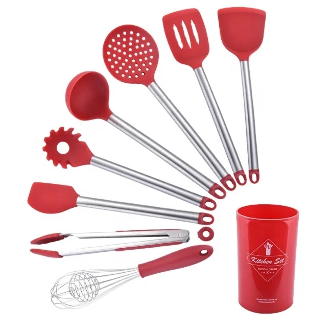 RTS Stainless Steel Handle 10 Set 9 pieces White Stainless Steel Utensils Silicone Kitchen Utensil Set with Holder