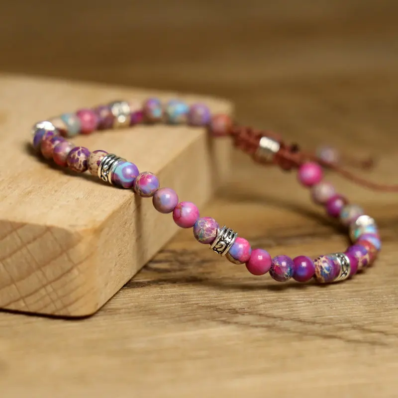 4mm Minimalist Natural Stone Bracelet Adjustable Healing Crystal Sea Sediment Jasper Beaded Bracelet Jewelry for Women Girls