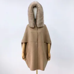 China Manufacturer Winter Women Cashmere Warm Poncho Oversize Long Wool Coats With Genuine Fox Fur