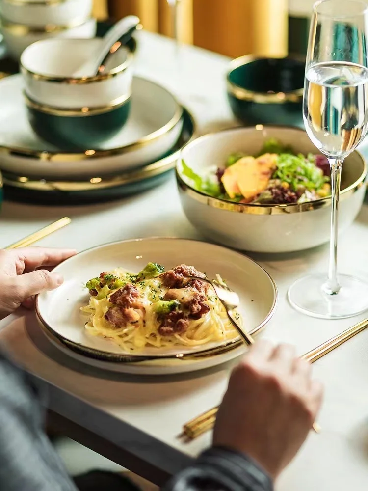 Europe style classic green and white dinner plate luxury golden rim bowl dish dinnerware set tableware