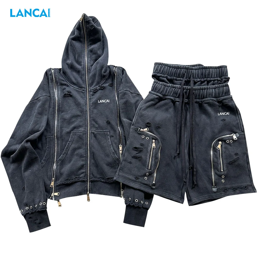 Hoodie Sets for Men Boxy Shorts Acid Wash Metal Zipper up Hoodie & Shorts Distressed 100%Cotton Customized Logo High Quality