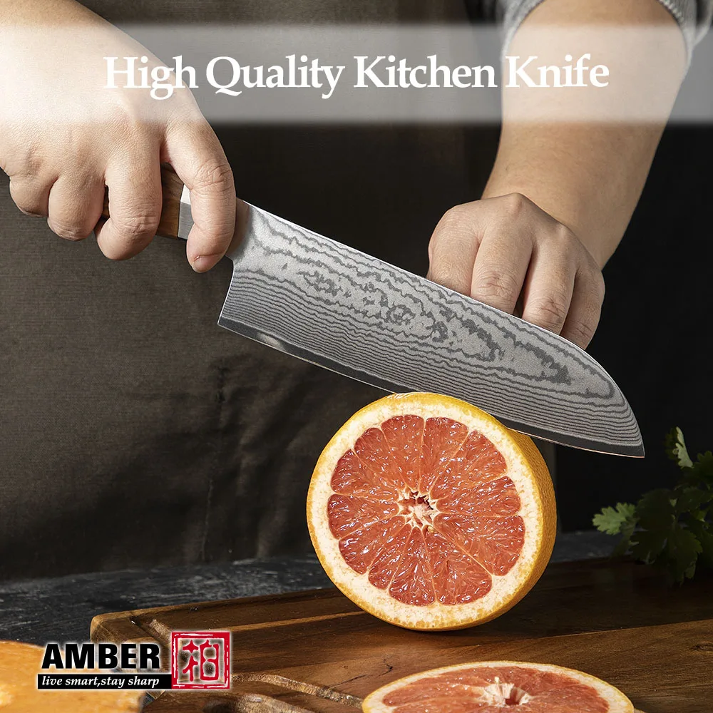 Custom Logo 7 inch Damascus Santoku Knife VG 10 Damascus Steel Kitchen Knives With Olive Wood Handle