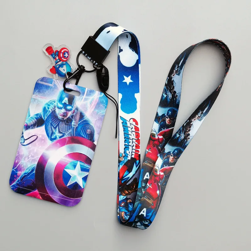 Campus Student Boys Gifts Marvel Lovely Cartoon Captain America Card Holder Portable Hard Plastic Card Cover Case Lanyard Set