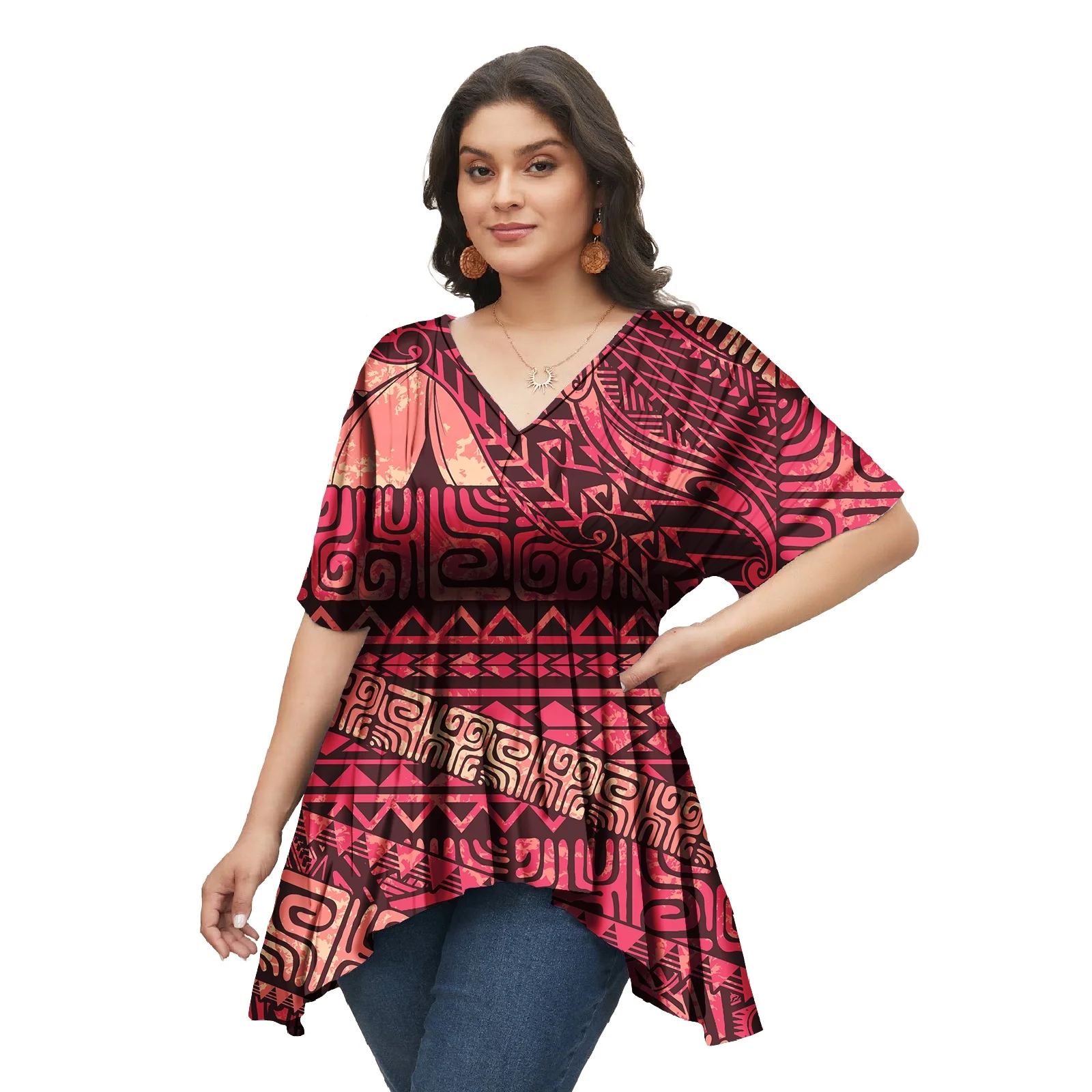 Women Clothing Blouse Top Hawaiian Casual T-shirt Polynesian Tribal Design Samoa Tattoo Print Fall New Plus Size Shirt Blouses