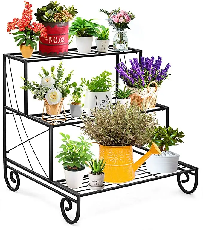 Hot sale three-story staircase metal plant stand outdoor/indoor/garden/office/balcony floor type flower pot stand