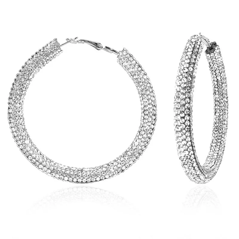 New Fashion Elegant 60mm Big Gold Circle Shiny Crystal Rhinestone Diamond Hoop Earrings for Women